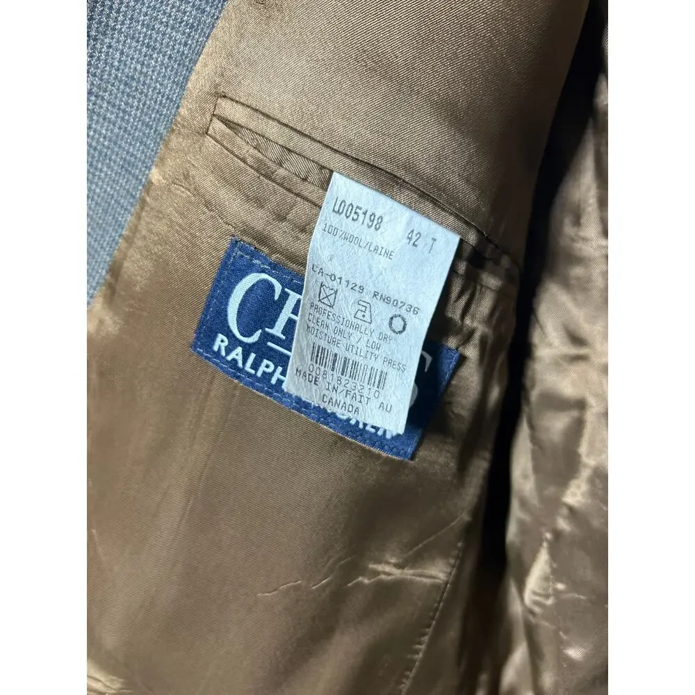Chaps Ralph Lauren Suit 42T Brown Micro Check 100% Wool Jacket Pants 36x30
